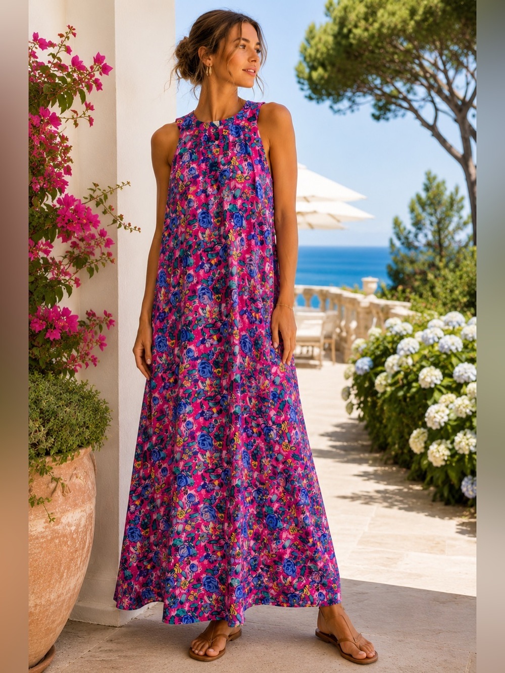 Vintage Victoria’s Secret 100% Silk Floral Maxi Dress Pink Blue Sleeveless Flowy